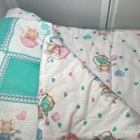 Vintage Baby Quilt Mice Hearts Green Pink 39X50 Nursery Decor Baby Blanket - Picture 1 of 8